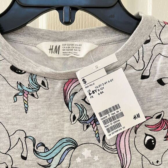 H&M Gray Lightweight Unicorn Sweatshirt Rainbow Manes Stars Girls Size 6-8 NWT - Picture 6 of 10